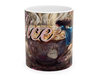Whimsical Alice in Wonderland Ceramic Mug, Fantasy Coffee Cup, Tea Lover Gift, Unique Gothic Decor, Gift for Readers
