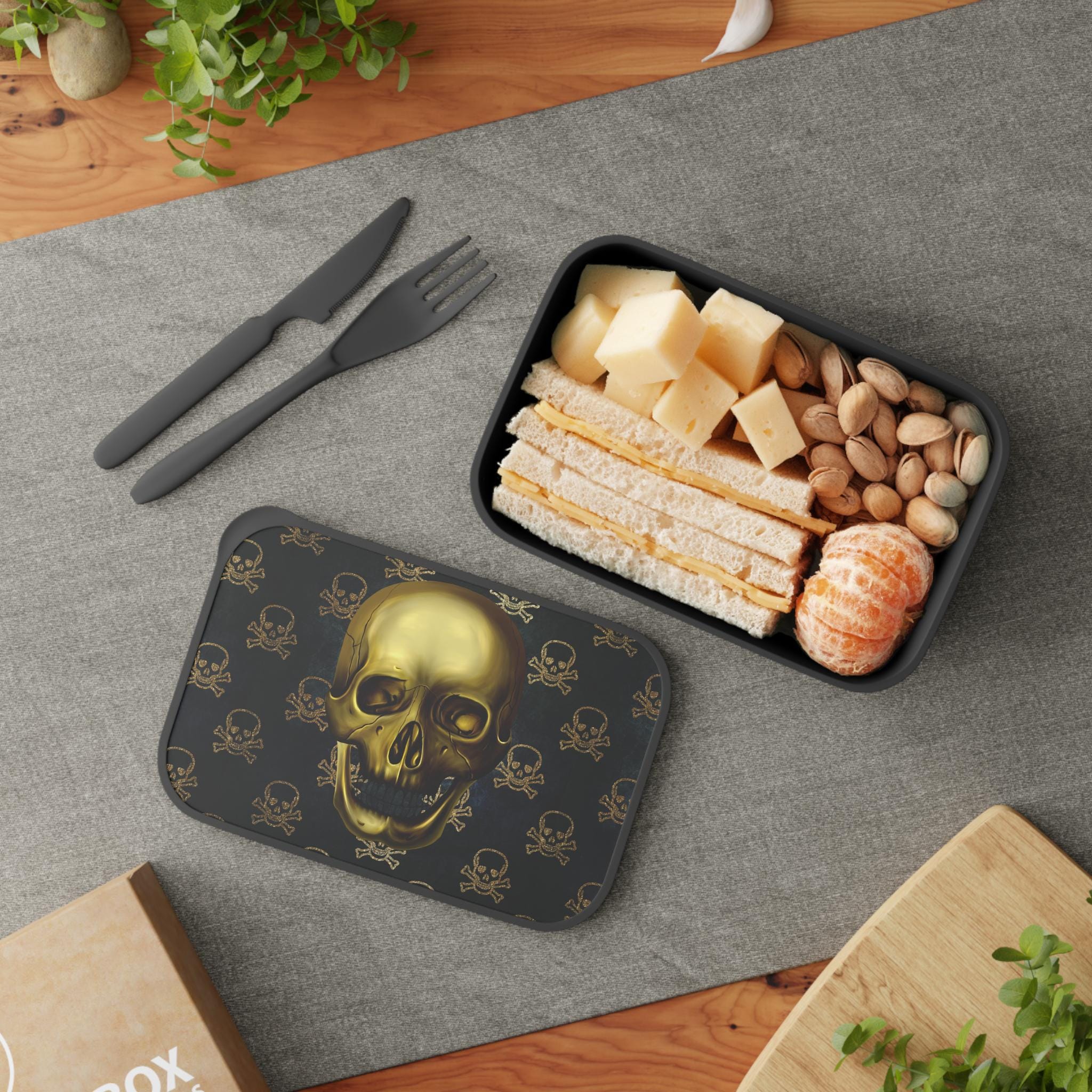 Gothic Gold Skull Bento Box, Unique Lunch Container, Meal Prep, Reusable Food Storage, EcoFriendly, Gift for Skulls Lovers product image