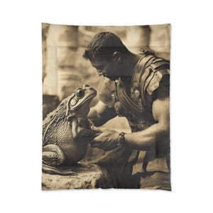May include: A sepia-toned photograph of a man in Roman armor kneeling and looking at a large frog. The man is wearing a leather strap bracelet on his wrist. The frog is sitting on a rock.