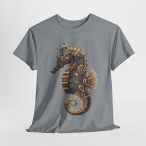 Steampunk Seahorse Tee, Unisex Heavy Cotton TShirt, Nautical Gift, Ocean Lover Shirt, Unique Graphic Tee, Gothic Beachwear image 5