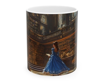 Encantadora taza de cerámica con escena de biblioteca inspirada en La Bella y la Bestia, perfecta para amantes de los libros, un gran regalo para lectores, ideal para té y café.