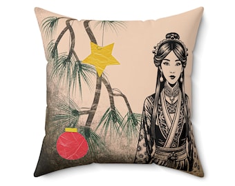 Elegante cojín cuadrado de inspiración asiática, acogedora decoración japonesa para el hogar, estética asiática, cojín decorativo, regalo único para las fiestas.