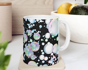 Bubbly Dreams Ceramic Mug, Perfect for Coffee Lovers, Bubble Enthusiasts, Unique Gifts, Oil Slick Rainbow Bubbles Fun Decor,