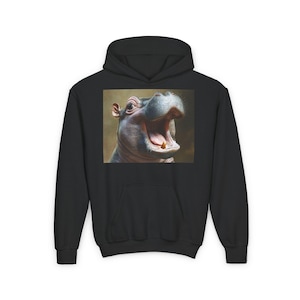 Trending Hippo Haven Youth Hoodie, Fun Hippo Apparel, Cool Gift for Kids, Original Design Only Available Here, Cute Hippo Clothing, Moo Deng