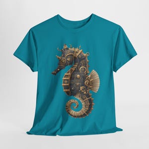 Steampunk Seahorse Tee, Unisex Heavy Cotton TShirt, Nautical Gift, Ocean Lover Shirt, Unique Graphic Tee, Gothic Beachwear image 4