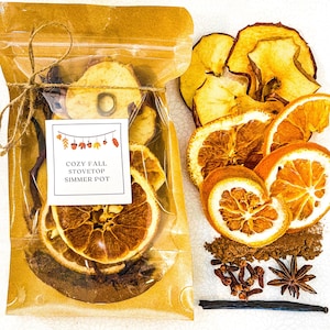 May include: A clear bag tied with twine, filled with dried orange slices and apple rings, with a label that reads "Cozy Fall Stovetop Simmer Pot." Beside it are more dried oranges, apples, spices, and star anise.