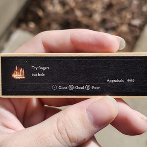 May include: A wooden sign with a black background and white text. The text reads "Try fingers but hole" and "Appraisals 9969". There are three buttons below the text: Close, Good, and Poor.