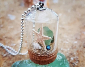 Starfish and seaglass necklace- glass dome beach terrarium pendant beach jewellery