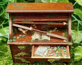 Miniature Abandoned Roll Top Desk, 1:12 Scale Dollhouse Desk with Secret Drawer & Key