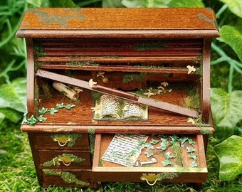 Miniature abandoned roll top desk 1:12 scale dollshouse miniature desk with drawers, book, creeping ivy and secret drawer with key