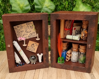 Dollhouse miniature apothecary cabinet 1:12 scale curio cabinet with miniature book, letters, apothecary jars