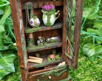 Miniature abandoned display cabinet 1:12 scale dollshouse minature shelves with moss, butterfly bottle and secret books with key
