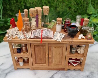 Miniature Potions Bench 1:12 scale dollshouse miniature cauldron and apothecary jars on double-sided witches table