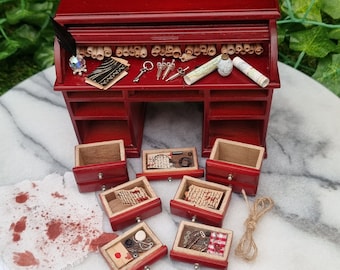 Miniature Bone Collector Roll top bureau 1:12 scale dollshouse miniature roll top desk with drawers, dark secrets and horrors