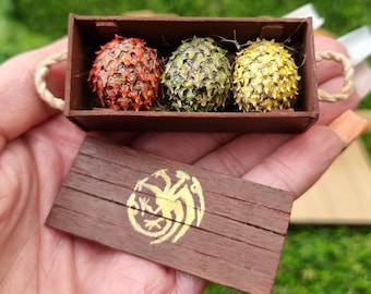 Miniature dragon eggs 1:12 scale wooden crate with red, green & yellow eggs halloween miniatures, fantasy miniatures, dollshouse miniature