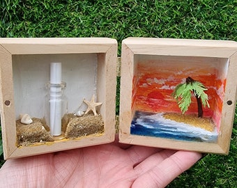 Proposal ring box miniature desert island at sunset diorama with message in a bottle- Beach in a box diorama proposal box