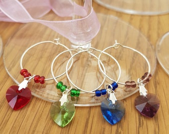 Swarovski crystal heart wine glass charms- Set of 4 mixed colours- dinner party couples gift