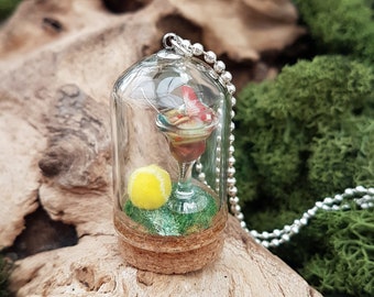 Mini Wimbledon Pimms glass dome necklace- diorama miniature cocktail pendant- tennis necklace