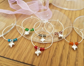 Heart wine glass charms- Set of 6 mixed colours- Dinner party hostess gift foodie gift