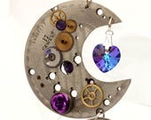 Steampunk crescent moon pendant with patterned vintage watch movement plate, cogs, rose, key and Swarovski crystal heart- Steampunk jewelry