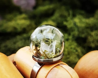 Raw Lemurian seed quartz crystal terrarium ring - glass globe ring- lemurian quartz crystal healing