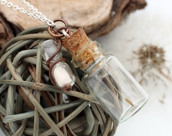 Dandelion necklace with miniature sand timer- dandelion wish pendant- make a wish gift for her