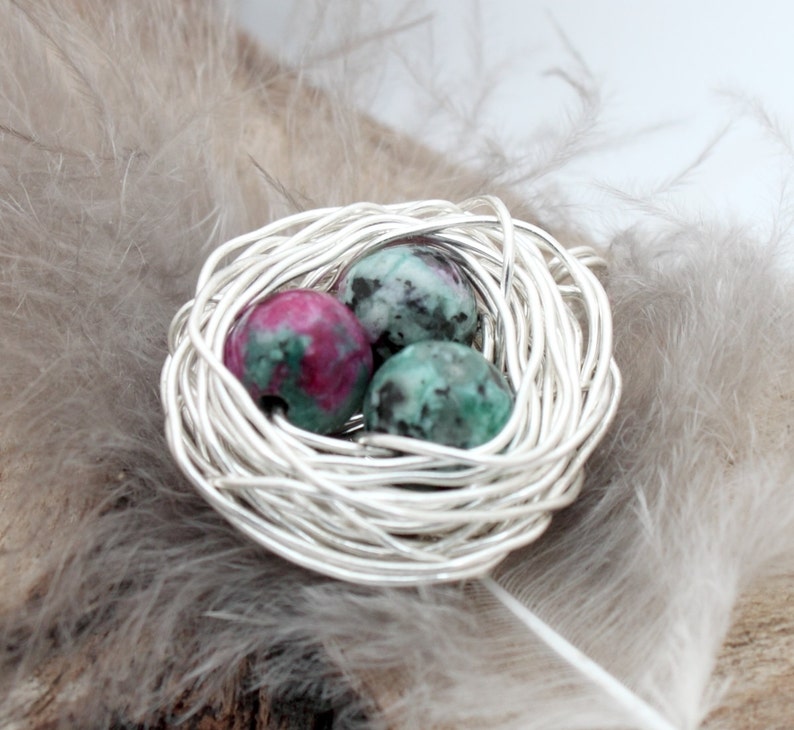 Personalized bird nest necklace with three chrysoprase eggs and initial charm May birthstone crystal healing silver plated woven wire