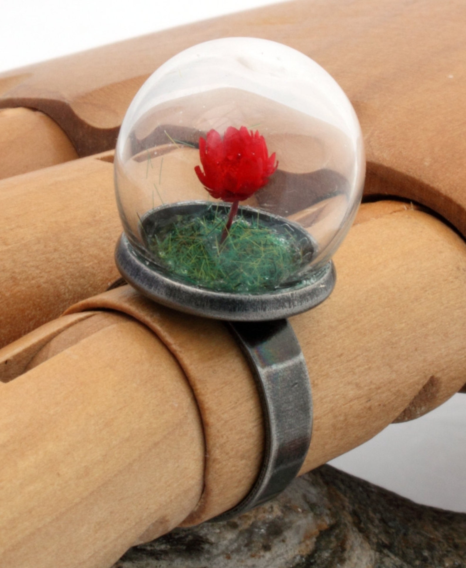 Mini red rose glass dome globe ring with green flocked grass Etsy