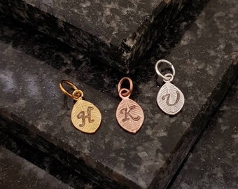 Hand Stamped Initial Leaf Charm - Personalized monogram- Rose Gold Silver Gold Plated