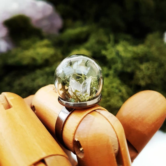 Raw Lemurian Seed Quartz Crystal Terrarium Ring Glass Globe Ring