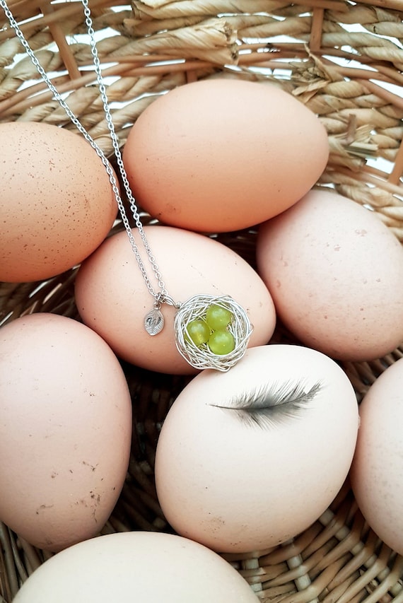 Personalized bird nest necklace with three chrysoprase eggs and initial charm May birthstone crystal healing silver plated woven wire