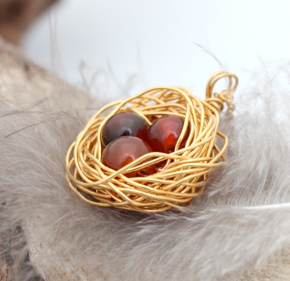 Personalized bird nest necklace with three chrysoprase eggs and initial charm May birthstone crystal healing silver plated woven wire