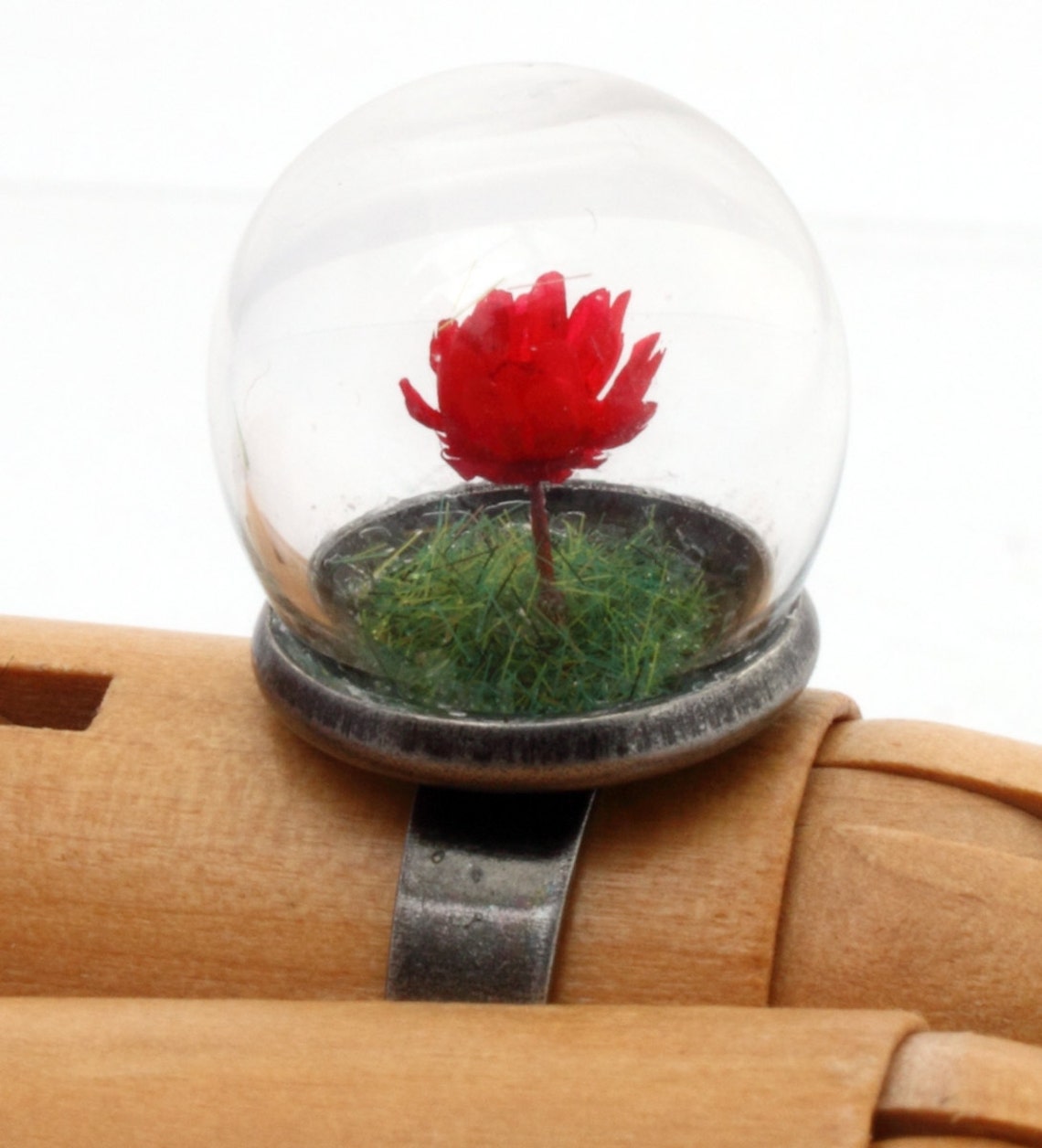 Mini red rose glass dome globe ring with green flocked grass Etsy
