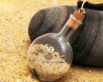 Sands of time- Steampunk glass vial necklace- vintage watch parts and sand necklace