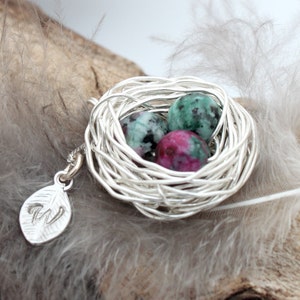 Personalized bird nest necklace with three chrysoprase eggs and initial charm May birthstone crystal healing silver plated woven wire