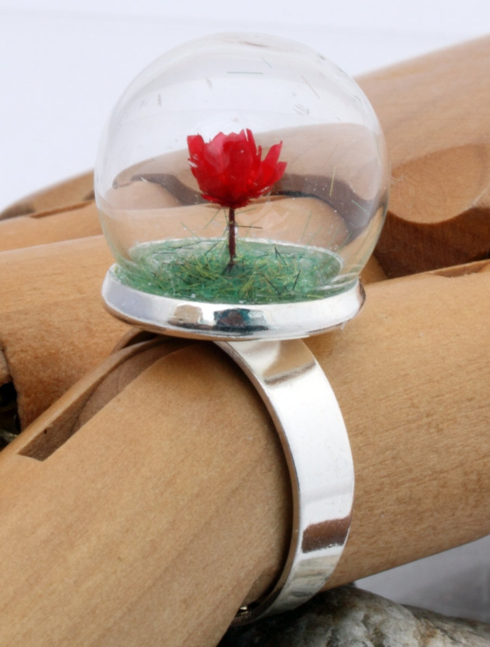 Mini red rose glass dome globe ring with green flocked grass Etsy
