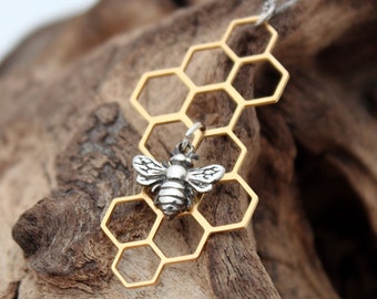 Bee and honeycomb necklace- sterling silver bee on brass honeycomb- Geometric necklace- honeycomb pendant