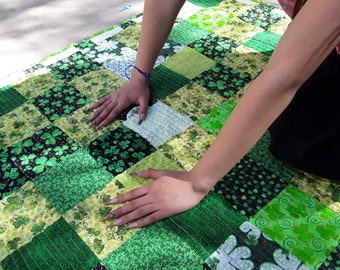 Irish Fabrics St. Patrick's Day Throw Quilt • Guest Bedroom Decor • Large Baby Quilt • Green Shamrock Quilt • Picnic Quilt • Holiday Decor