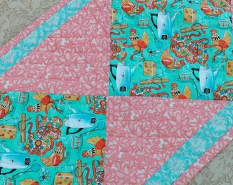 Pink and Teal Table Runner, Kitchen Decor, Quilted Table Runner