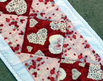 Guest Room Decor • Chunky Heart Quilt • Heart Decor Collector • Bed Runner 102" • Homey Guest Room • Heart Table Runner • Bottom of Bed