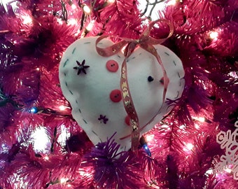 Beaded Heart Ornament Hand Embroidered 6"