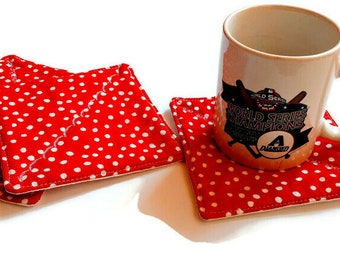 Fabric Coasters • Set Of 4 • RED POLKA DOTS • Mug Rugs • Handmade Gift • Stocking Stuffer • Eco Life • Sustainable Living