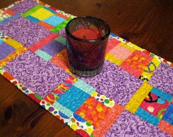 Eye Catching Multi Color Cotton Fabric Runner • Purple Pink Yellow • Quilted Table Mat • Unusual Table Runners • B• Home Make Over