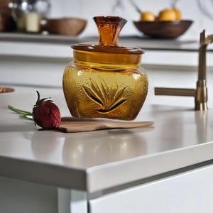 May include: A translucent amber glass jar with a textured surface and a matching lid featuring a faceted knob handle. The jar body displays a molded leaf or petal design. A single red flower bud with a green stem lies beside the glass container.