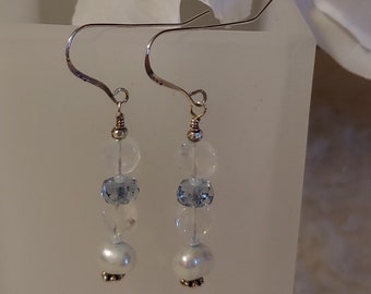 Aquamarine and Crystal Drop 9.25 Sterling Silver Earrings/Blue Aquamarine and White Pearl Earrings/March Birthday Gift/Gift For Her