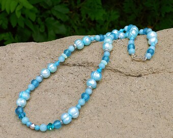 Blue Freshwater Pearl Statement Necklace: Sterling Silver Beaded Jewelry