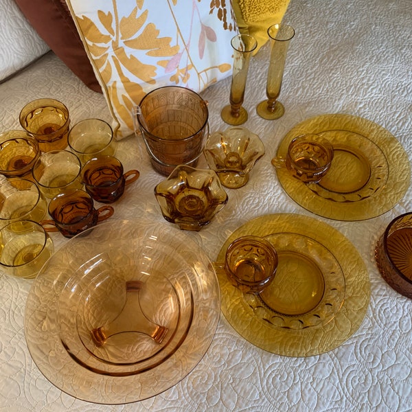 Vintage Antique Amber Glassware Indiana Cambridge Mixed Pieces Plates Bowls cups Ice Bucket Vase Candle Holder Desert Dishes Collectible