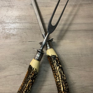 Vintage Utensils Knife Sharpener Serving Fork Rustic Faux Antler Look Sterling Silver Flatware Servingware Cutlery