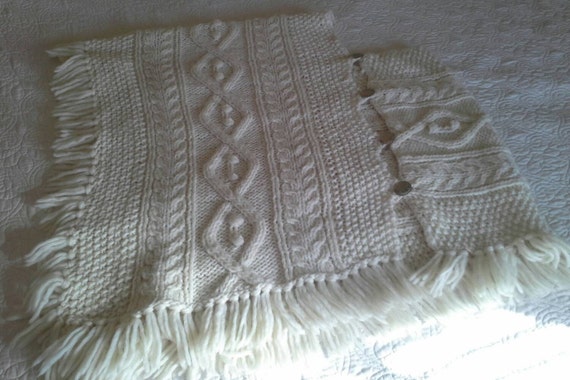 Vintage Cream Knitted Poncho Shawl with Concho Bu… - image 2