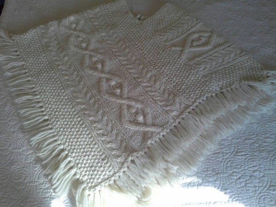 Vintage Cream Knitted Poncho Shawl with Concho Bu… - image 3